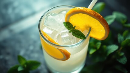 A refreshing summer beverage with ice, orange slices, and a sprig of mint
