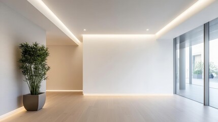 Fototapeta premium A large open room with a white wall and a green plant in a white pot