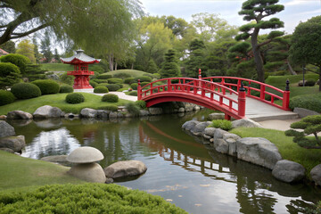 Serene Japanese Garden with Red Arched Bridge