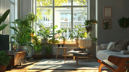 Obraz premium Eco-Conscious Living Space, a vibrant interior featuring lush greenery, sustainable furnishings, and an inviting atmosphere that promotes a harmonious connection with nature