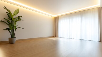 A large empty room with a potted plant in the corner