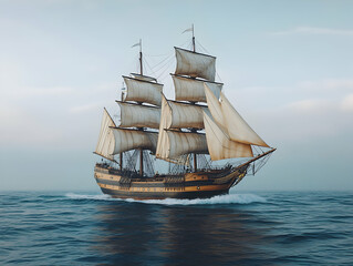 A majestic vintage sailing ship glides gracefully across a calm ocean under a hazy sky.