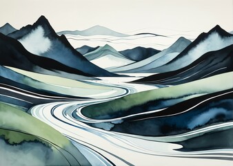 Abstract Ink Landscape with Swirling Blues and Greens