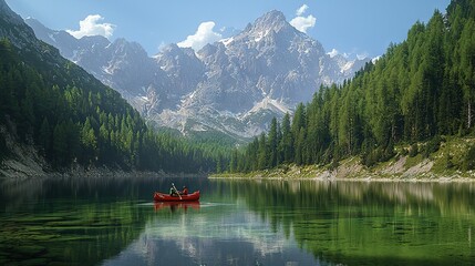   Red boat floats on lake beside lush green forest-covered mountain with white cloud cover