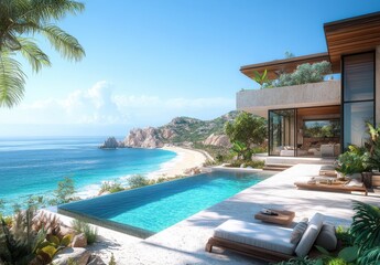 Obraz premium Modern Luxury Villa Overlooking Stunning Coastal Landscape with Infinity Pool and Relaxing Lounge Area in Tropical Paradise Setting