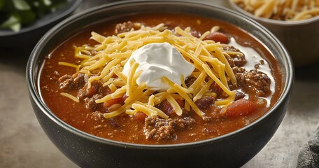 A bowl of hearty beef chili with sour cream and shredded cheese.