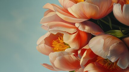 Fototapeta premium A stunning image of a vibrant bouquet of pink and yellow tulips against a serene blue backdrop, surrounded by a beautiful sky