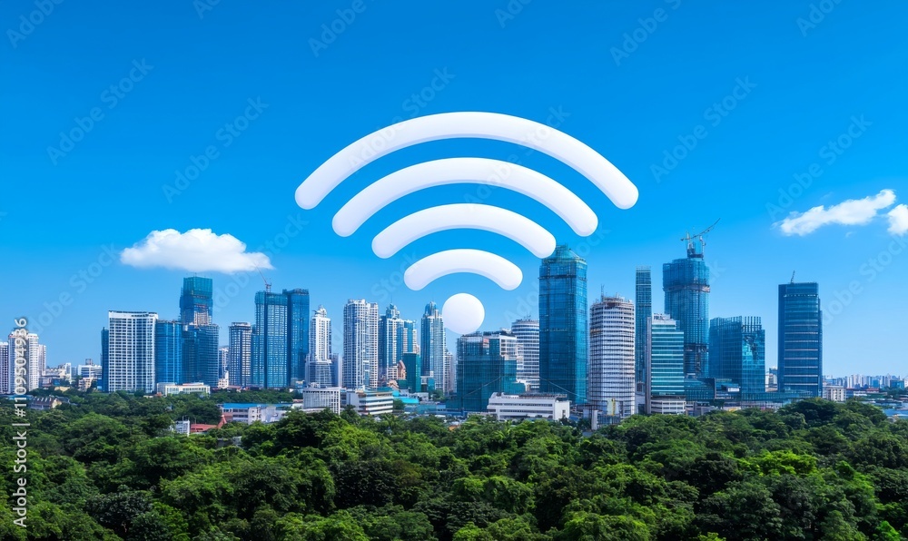 Poster abstract visual of a smart city with a wireless communication network, representing the internet of 