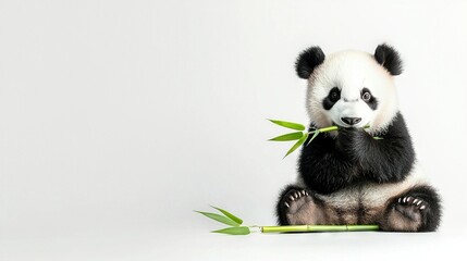 Obraz premium A panda bear sitting on the ground with a bamboo stick in its mouth