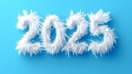 Fototapeta premium 2025 crafted from soft white feathers on a serene blue background, minimalist design