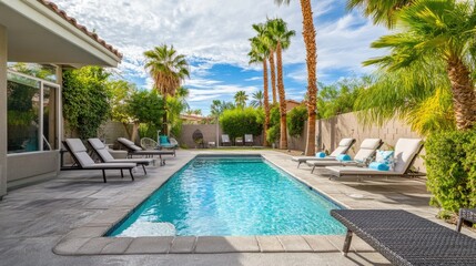 A backyard pool surrounded by lounge chairs and palm trees, creating a perfect summer oasis.