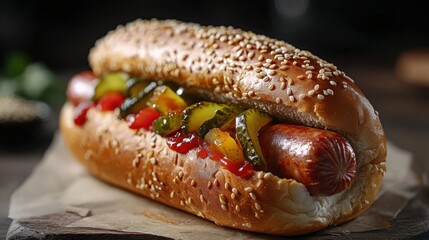 Delicious hot dog with colorful toppings in a fresh sesame bun