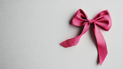   A white surface with a white background displays a close-up of a pink ribbon adorned with a bow on one side