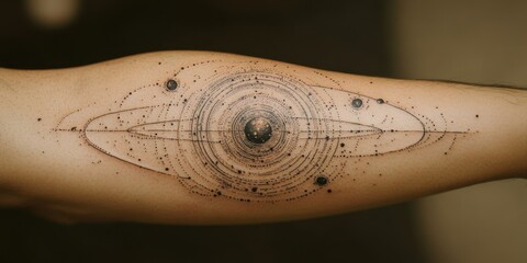 Intricate celestial tattoo art showcasing beauty of the universe on a forearm in a creative studio environment