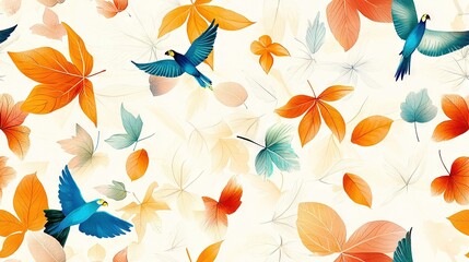 Obraz premium A vibrant flock of birds soaring through a sky ablaze with orange, blue, and green foliage