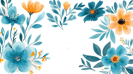   A watercolor painting of blue and orange flowers with teal written in the center of the image