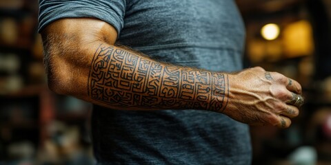 Intricate tattoo artistry displayed on a man\'s forearm in a lively, dimly lit workshop setting, showcasing cultural heritage and craftsmanship