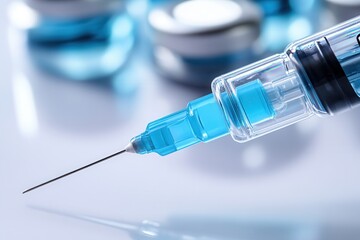 Close-up of a syringe with a blue liquid being used for medical purposes, set against a blurred background of vials, emphasizing healthcare and precision