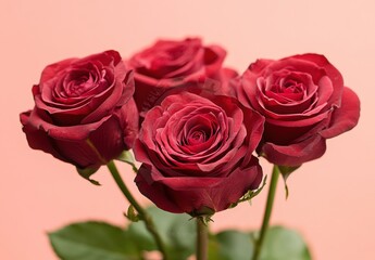 Fototapeta premium Romantic Arrangement of Fresh Red Roses on Soft Pink Background Perfect for Celebrations, Weddings, or Expressions of Love and Affection in Floral Design