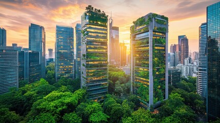 Fototapeta premium Green urban architecture with eco-friendly skyscrapers and lush vegetation at sunset