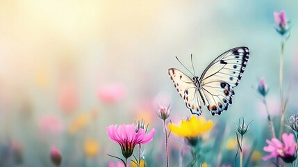 Obraz premium A butterfly perched on a flower amidst a field of pink, yellow, and white blossoms against a backdrop of azure sky