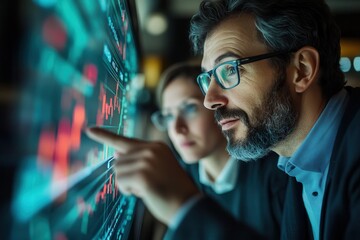 Professional team analyzing financial data on digital display, showcasing modern technology and teamwork in dynamic business environment