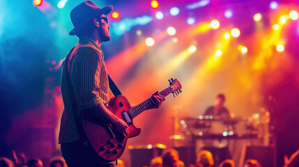 Guitarist performing live on stage with colorful lights