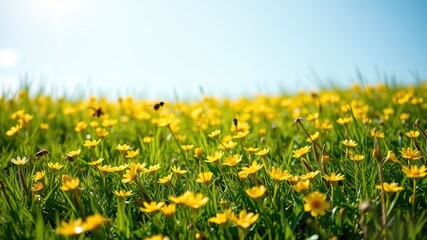 Obraz premium A Field of Yellow Wildflowers Swaying Gently in the Breeze, Sunlight Filtering Through the Petals, Creating a Sparkling Effect