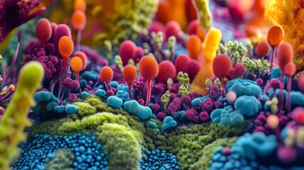 Vibrant, colorful, surreal landscape with glowing mushroom-like structures and mossy textures.