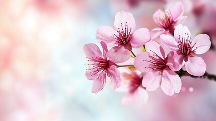 Fototapeta premium A close-up of a pink flower on a tree branch with a blurred background of blue and pink colors
