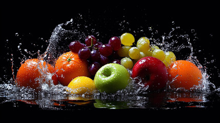 Assorted fruits, oranges, apples, grapes, submerged in water with splashes.