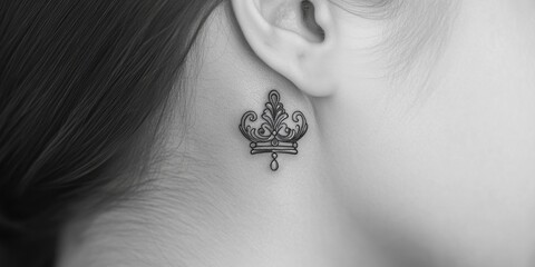 Elegant crown tattoo gracing the neck of a woman, showcasing artistry and personal expression in a striking black and white composition