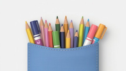 Fototapeta premium A vibrant assortment of colored pencils and markers protruding from a blue pocket, exemplifying creativity and artistic expression.