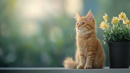 Obraz premium An orange tabby cat resting beside a potted plant with yellow flowers against a hazy backdrop