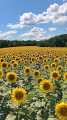 Obraz premium Sunflower Field Under Bright Blue Sky, vibrant yellow blooms stretching toward the sun, creating a cheerful atmosphere filled with warmth and positivity, nature's joyful display