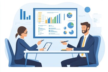 Business meeting with professional colleagues discussing data analysis and presentation on a digital screen in a modern office environment