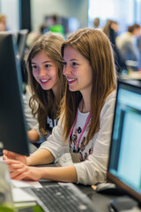 Fototapeta premium Programmers working together on a project, using desktop computer in office