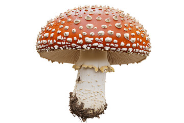 A vibrant red and white mushroom with a distinctive cap and stem.