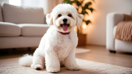 Happy White Bichon Frise Dog Sitting in a Cozy Living Room