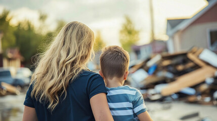 Mother and son witnessing aftermath of natural disaster devastation