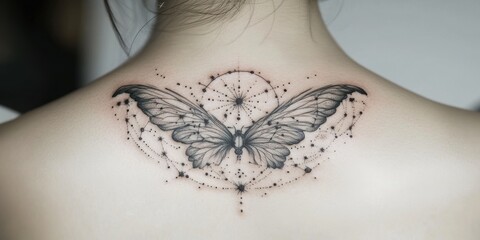 Intricate butterfly tattoo design with cosmic elements on a woman\'s upper back