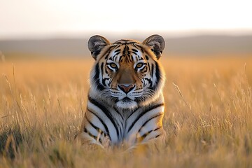 Endangered Tiger in Savanna Sunset