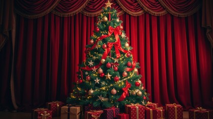 A beautifully decorated Christmas tree with red bows and ornaments stands before a backdrop of plush red velvet curtains, adorned with golden trim, creating a festive and elegant holiday scene.