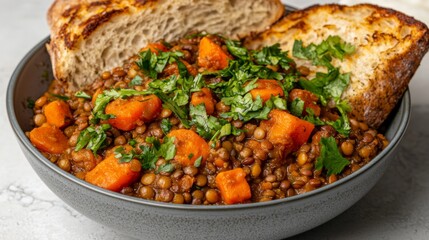 Hearty Lentil Stew with Roasted Sweet Potatoes and Crusty Bread