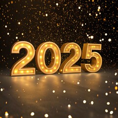 3D numerals 2025 stand out against a dark, sparkling background with shimmering