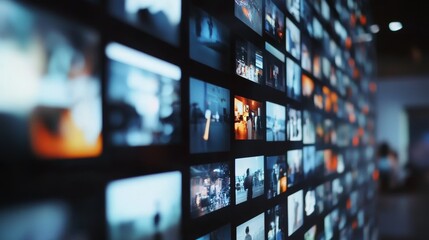 Multimedia digital display wall showcasing various images in a modern, immersive art gallery or technology exhibition setting.