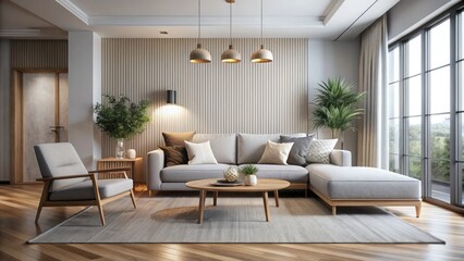 Fototapeta premium Minimalist 3D Living Room Render: Modern Interior Design, Simple Space, Clean Lines