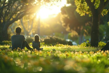 A serene moment between a parent and child in a sunlit park.