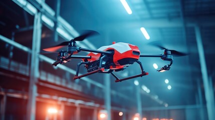 A drone flying in an industrial setting with dramatic lighting.