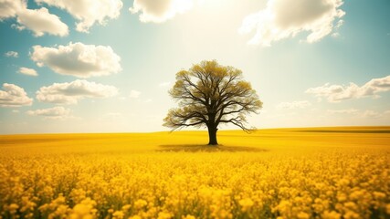 Obraz premium A solitary tree stands tall in a field of vibrant yellow wildflowers, a picturesque landscape bathed in the warm glow of the sun.
